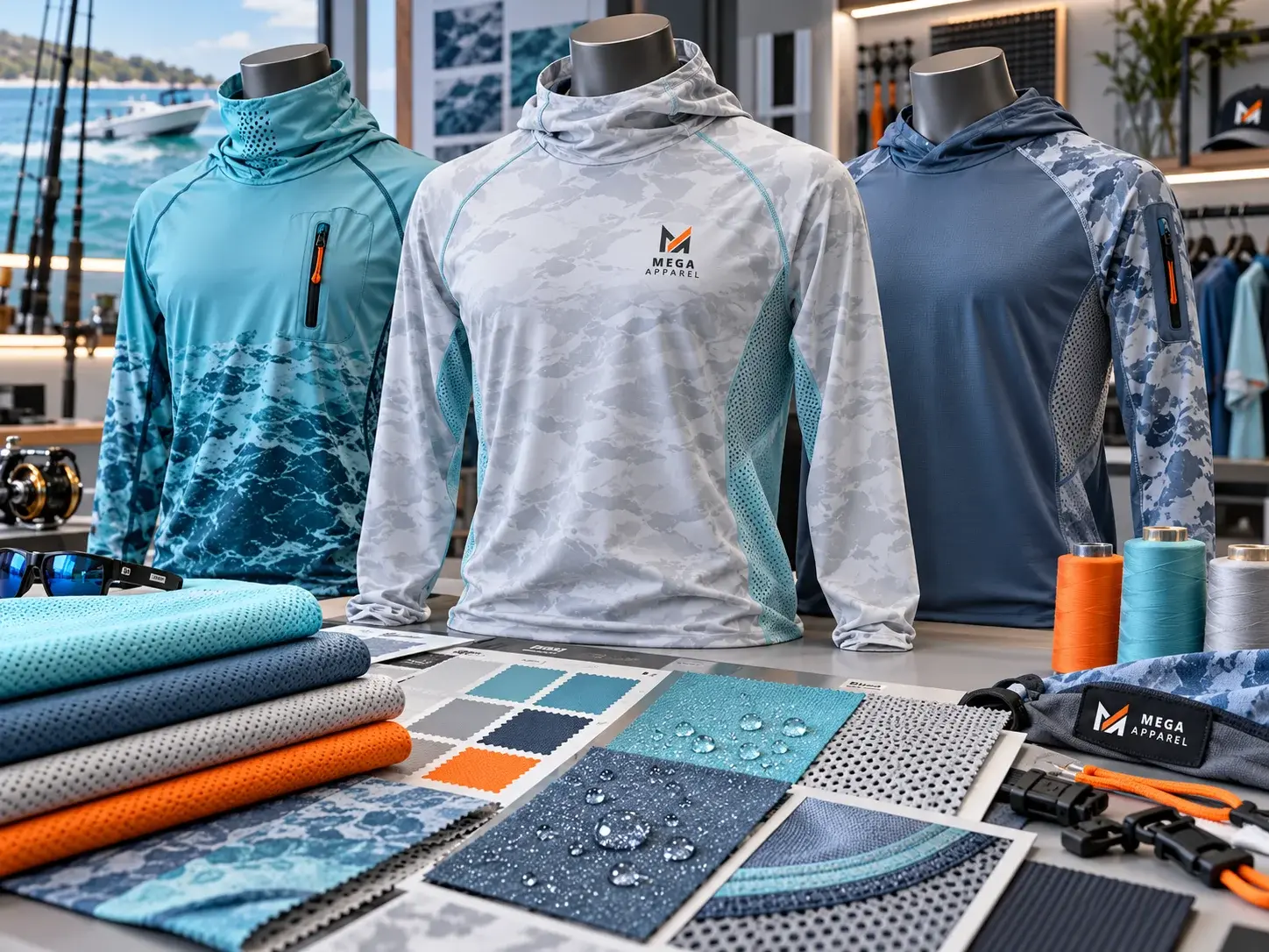 Custom performance fishing shirts displayed on mannequins with technical fabric swatches, breathable mesh materials, water-repellent finishes, thread samples, and Mega Apparel branding in a modern fishing apparel design studio.